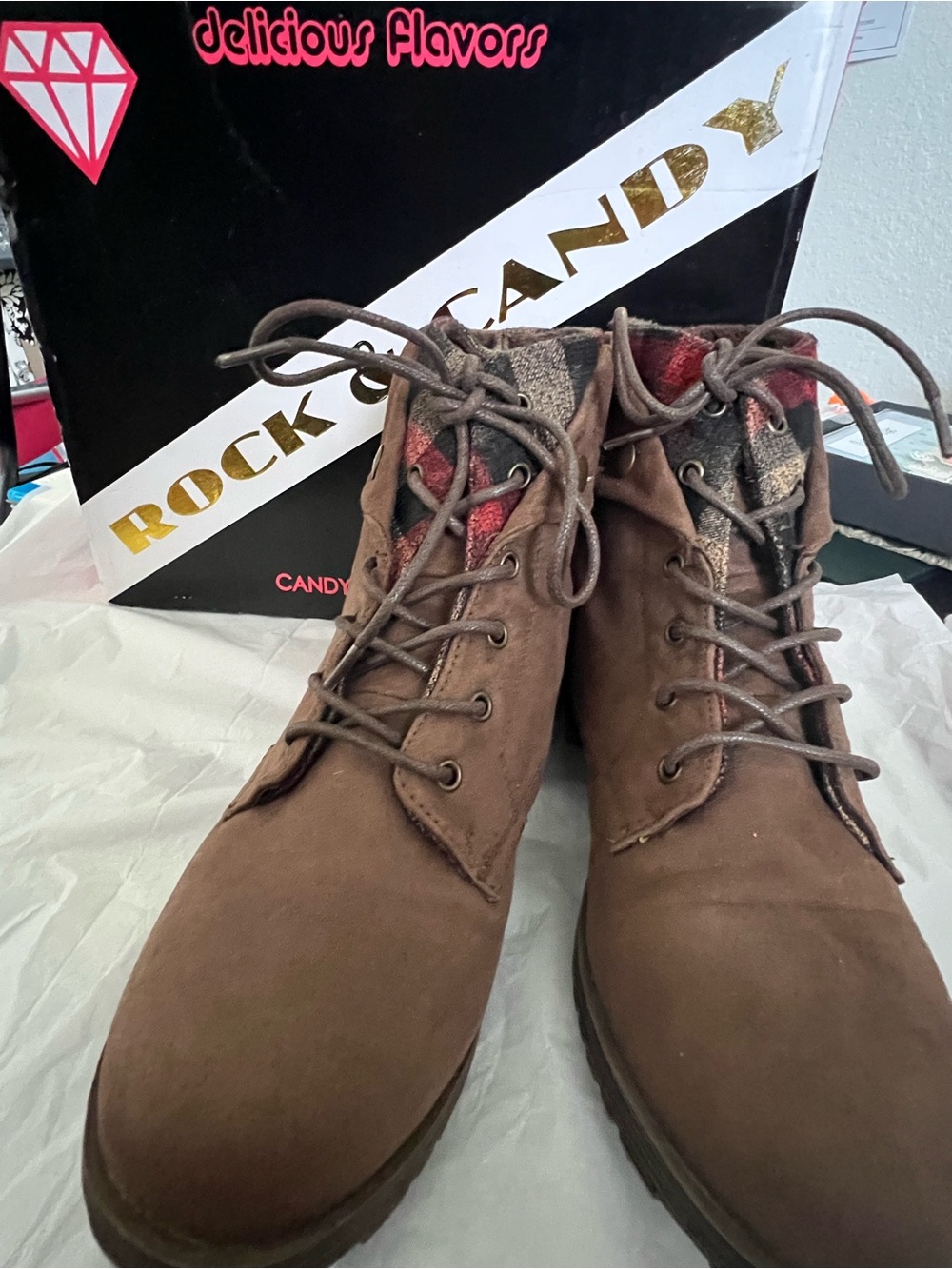 Rock & Candy Brown Lace-Up Women's Winter Boots with Red Plaid Cuff